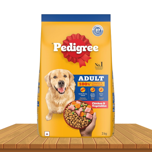 Pedigree Adult Dry Dog Food, Chicken & Vegetables, 3 kg, Contains 37 Essential Nutrients, 100% Complete & Balanced Food for Adult Dogs